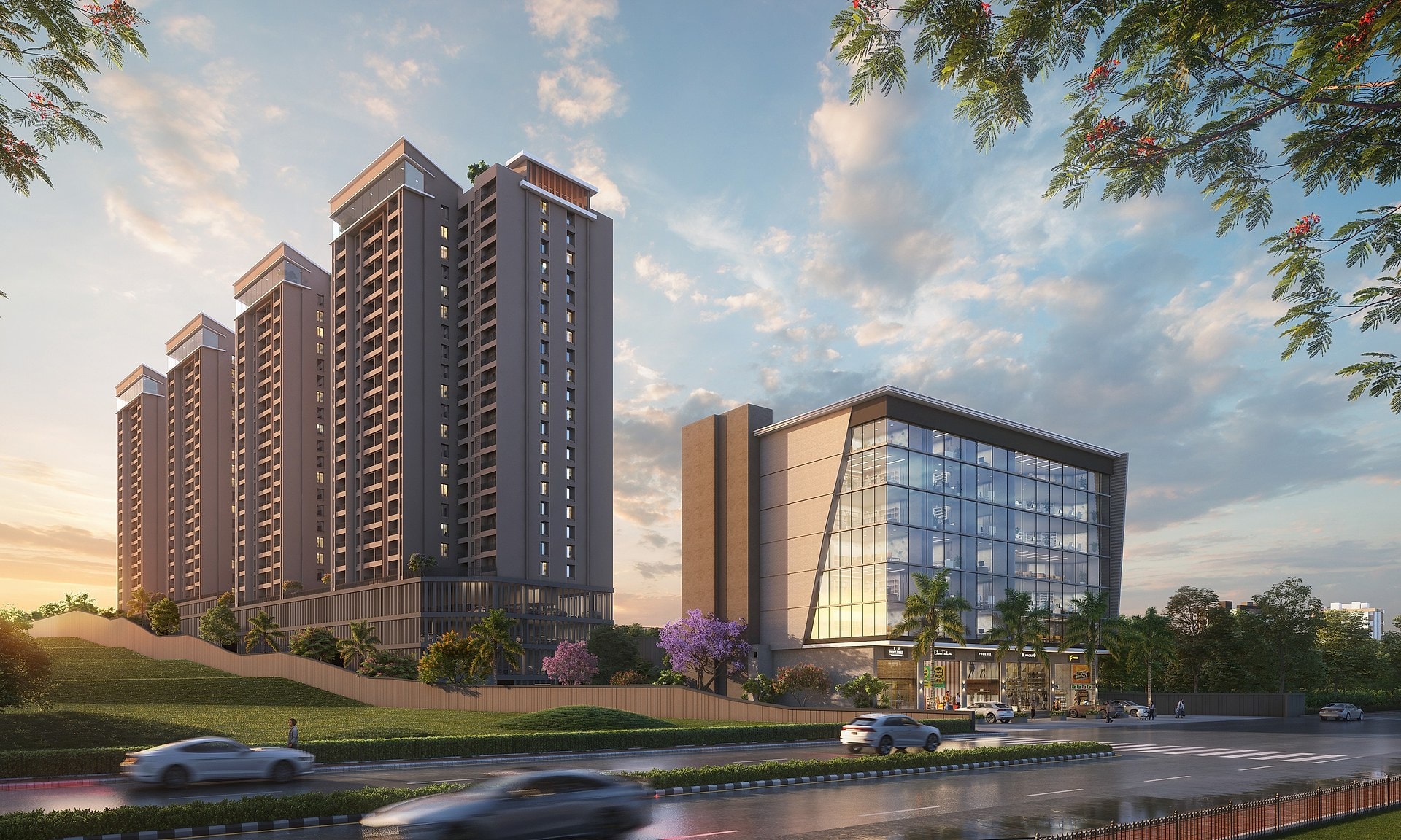 A GSV residential landmark in Pune at golden hour
